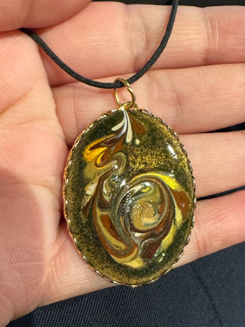 Vintage Enamel Swirl Pendant Necklace in Gold and Brown - Picture 1 of 6